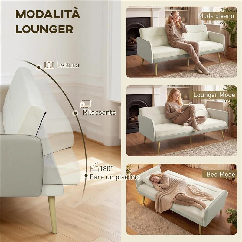 DIVANO LETTO 3 POSTI CON SCHIENALE RECLINABILE E RIVESTIMENTO EFFETTO VELLUTO, 185X84X83 CM, BEIGE