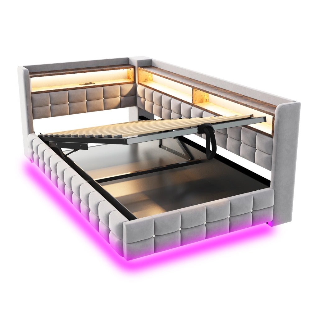 Divano letto imbottito 90x200 cm con contenitore idraulico; LED; USB e Type-C; grigio chiaro