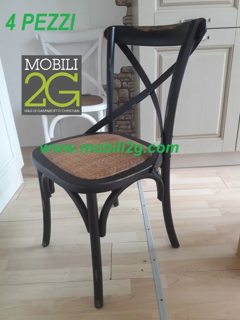 Set 2 sedie cross bistrot  vintage nero in olmo seduta rivestita naturale (781) - Mobili 2G