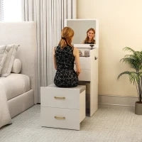 Tavolo da toeletta 3-in-1 con specchio, comodino, sgabello a rotelle, cassetti, Bianco
