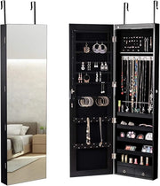 Armadietto per Gioielli con Illuminazione a LED Portagioie da Parete con Specchio, Chiudibile a Chiave, 35,5 x 10 x 120 cm (Nero)