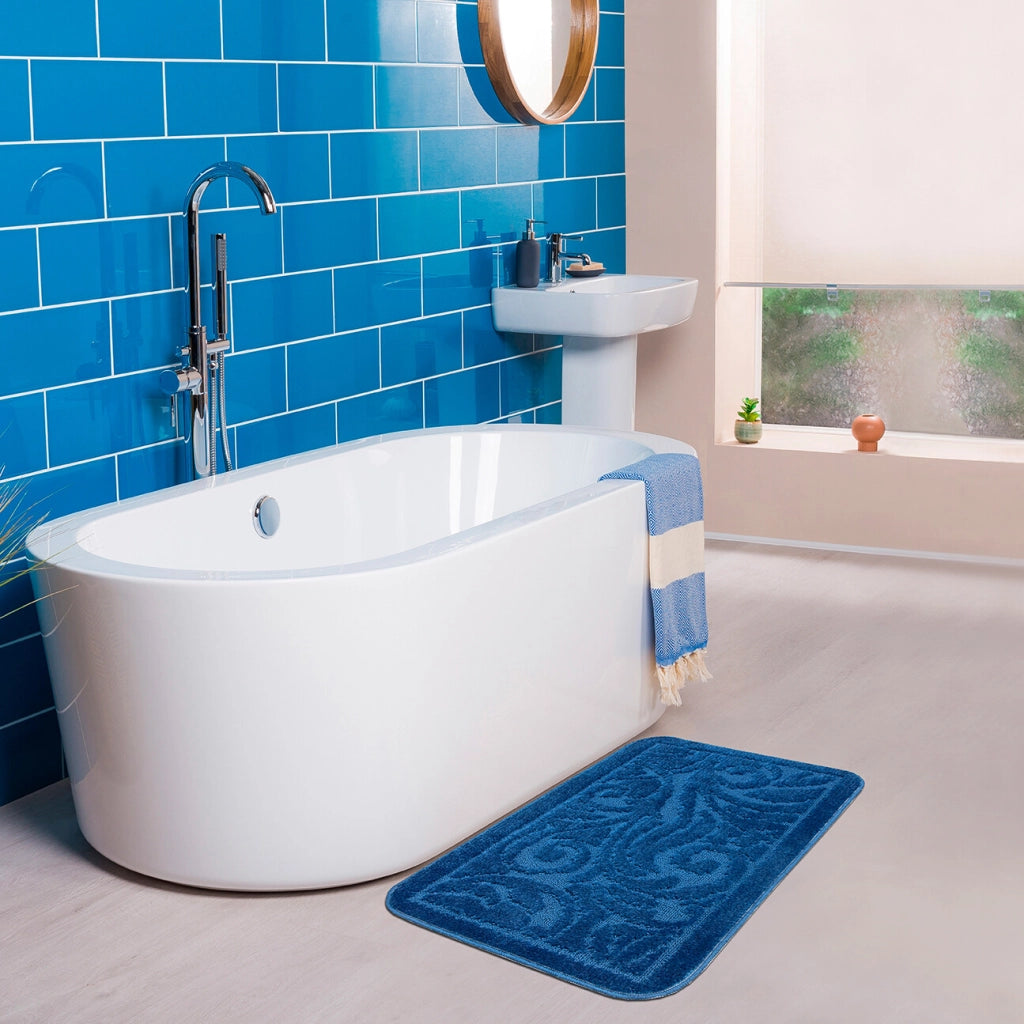Tappeto Bagno Damascato Scendiletto Camera 50x110 Cm Morbido Assorbente Antiscivolo Blu