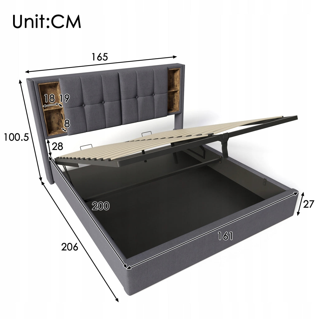 Letto imbottito 160x200 - Xylo - Grigio, con materasso, ricarica wireless e USB-C