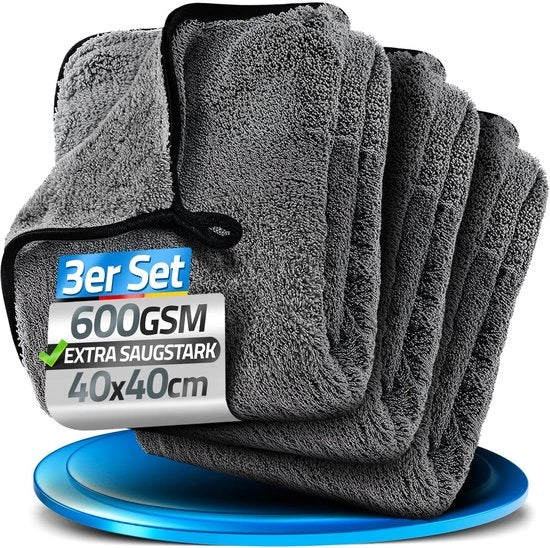 Set di 3 asciugamani per auto 600 g/m² - Polishedo per auto - Asciugamano per auto - Asciugamano per superfici - Dimensioni 40 x 40 cm - Asciugamano per auto estremamente assorbente
