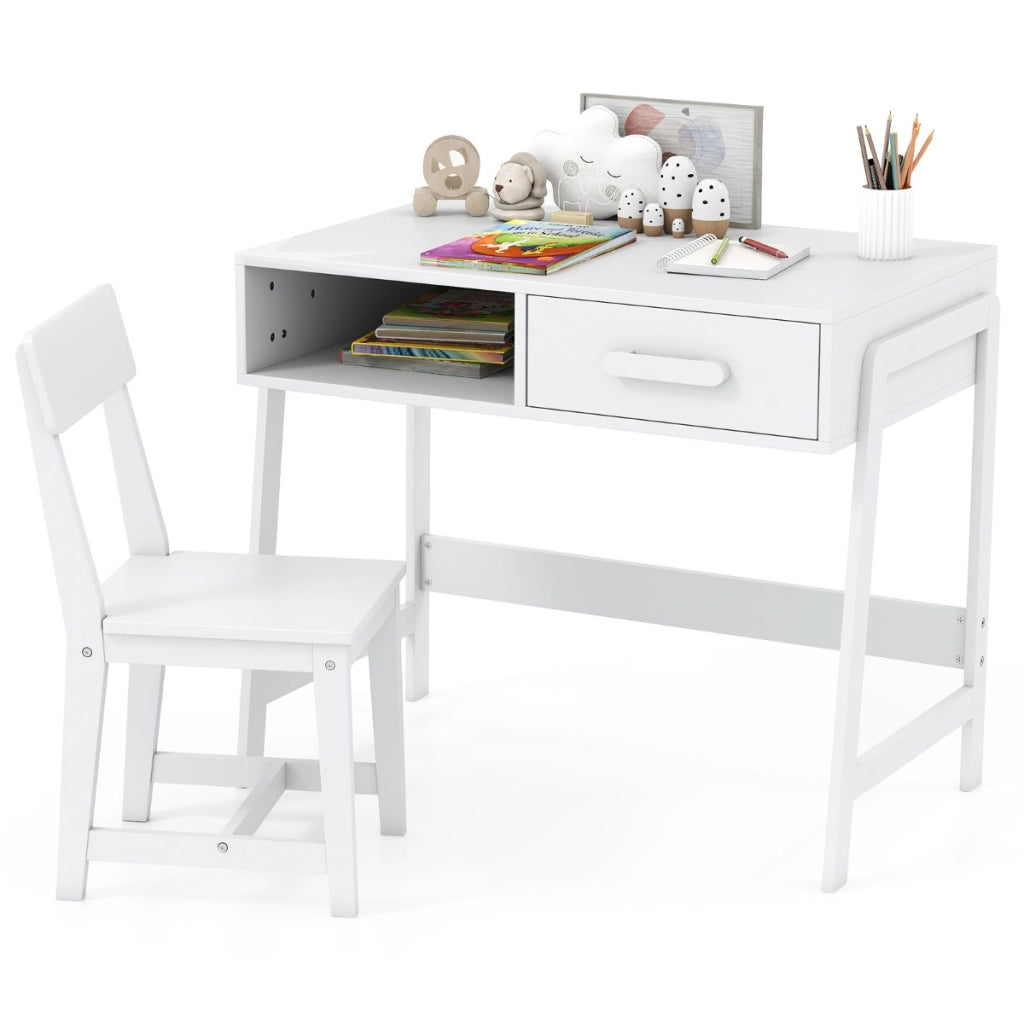 Set scrivania e sedia con cassetto e scomparto, Set di tavoli da studio in legno per bambini Bianco