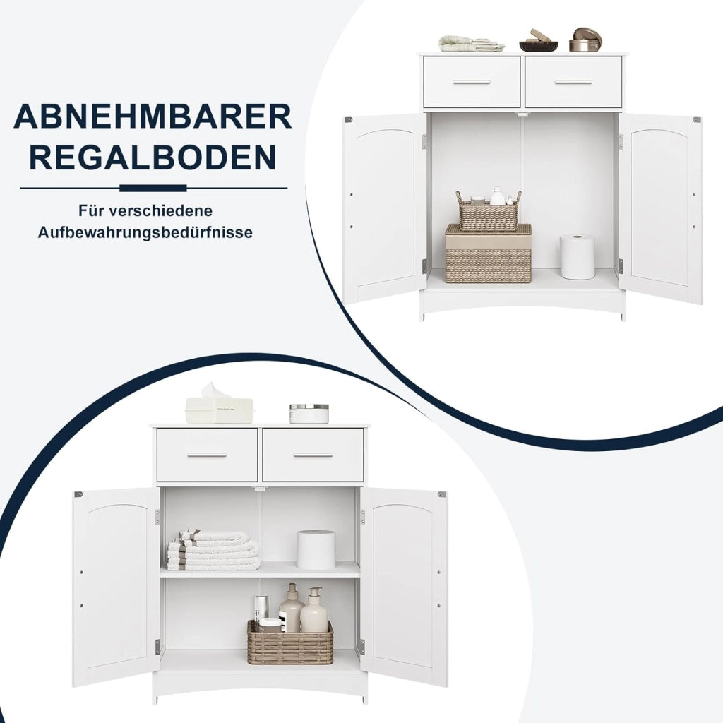 Armadietto da Bagno, Mobile per Bagno Salvaspazio, Mobiletto da Terra con 2 Cassetti e Armadietto a 2 Ante con Ripiano Regolabile, Armadio in Legno, Bianco, 60x30x76 cm
