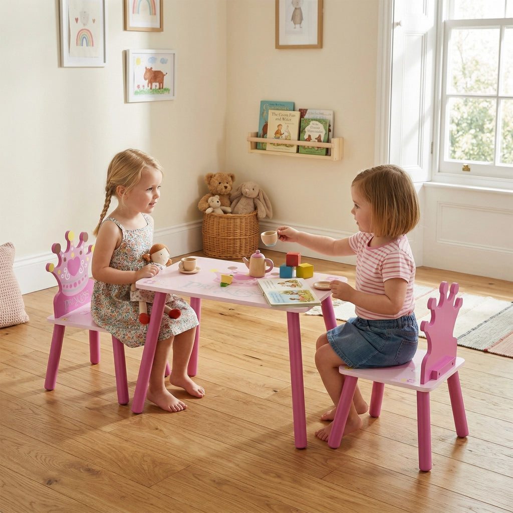 Set Tavolo e 2 Sedie Bambini ¨C zephmum ¨C Legno Rosa con Schienale a Corona