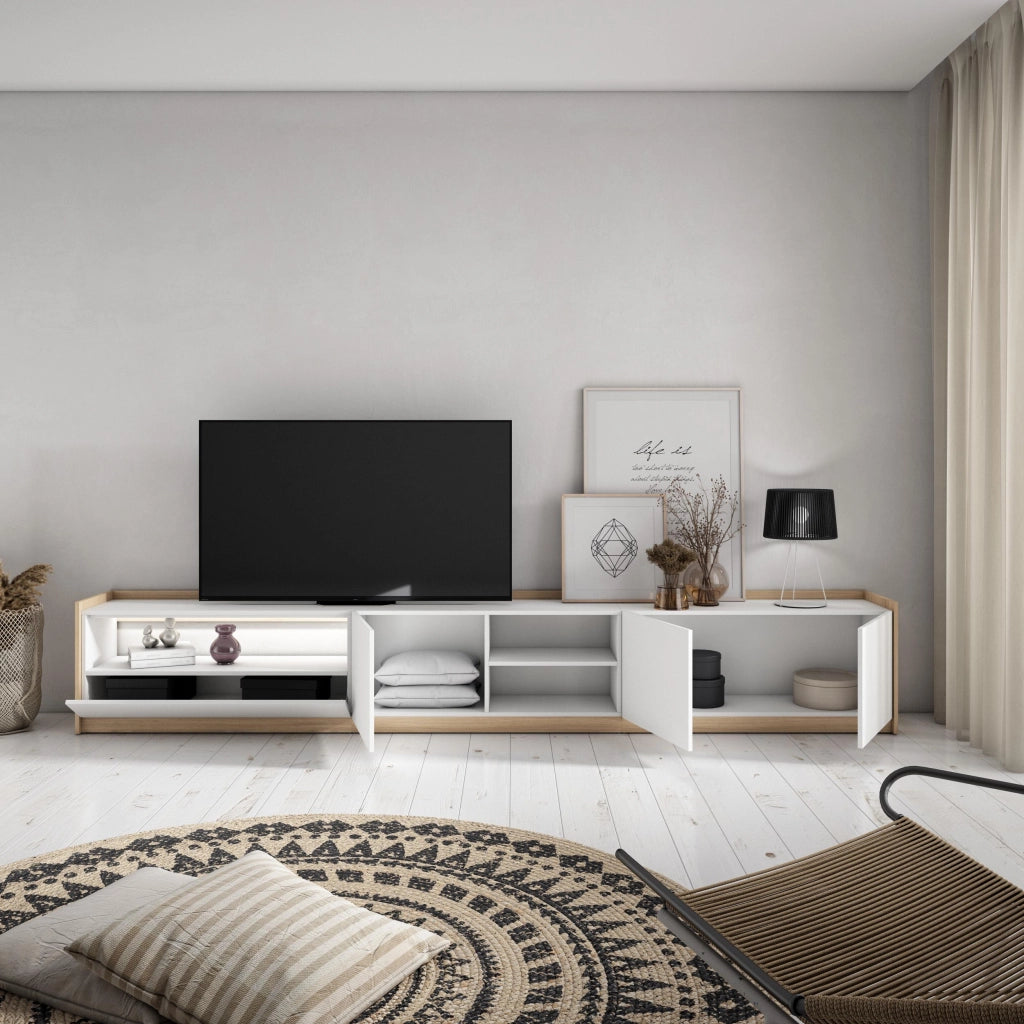 Mobile TV Soggiorno, 310x50x37 cm, Per TV fino a 80", LED, Bianco e Rovere soft