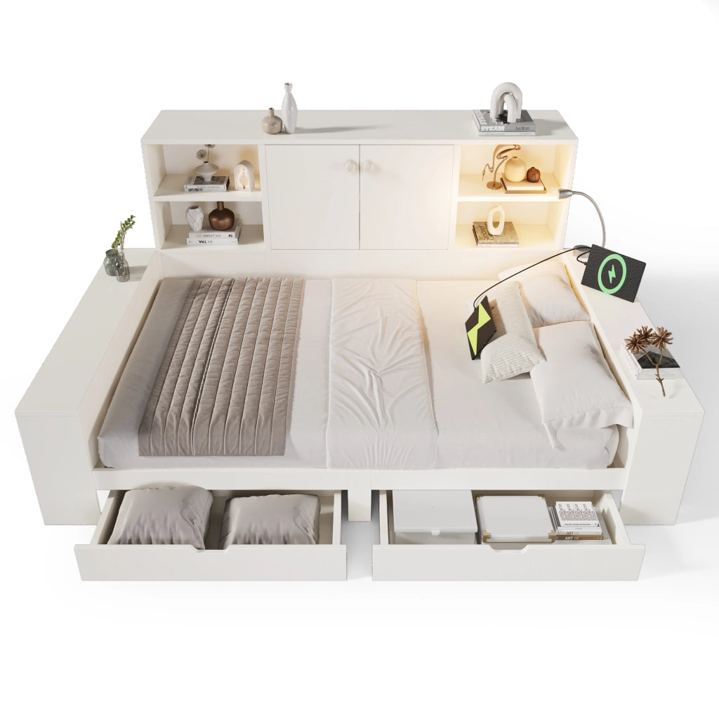 Letto contenitore 140 × 200 cm con 2 cassetti, USB e Type-C, luce da lettura, senza materasso, bianco