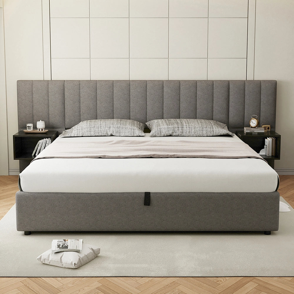 Letto imbottito 180x200 cm - Xylo - Con 2 comodini idraulico spazio di archiviazione Grigio + Nero