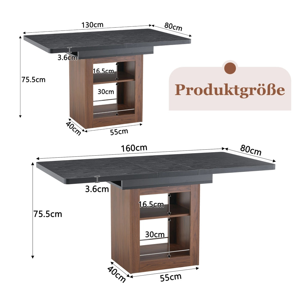 Tavolo allungabile con ripiano a 2 livelli, piano effetto legno nero e base noce, per sala da pranzo, in MDF, nero