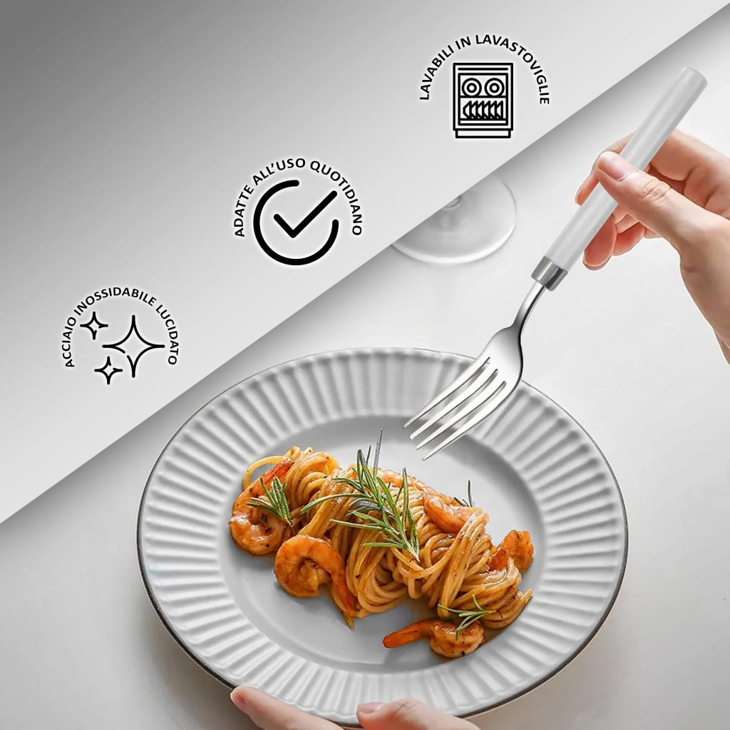 Servizio 24 Pezzi Posate Tavola Acciaio Inox Manici Colorati Tinta Unita Colori Moderni 6x Forchetta Coltello Cucchiaio Cucchiaino Lavabili Lavastoviglie Certificate Contatto Alimenti - Bianco