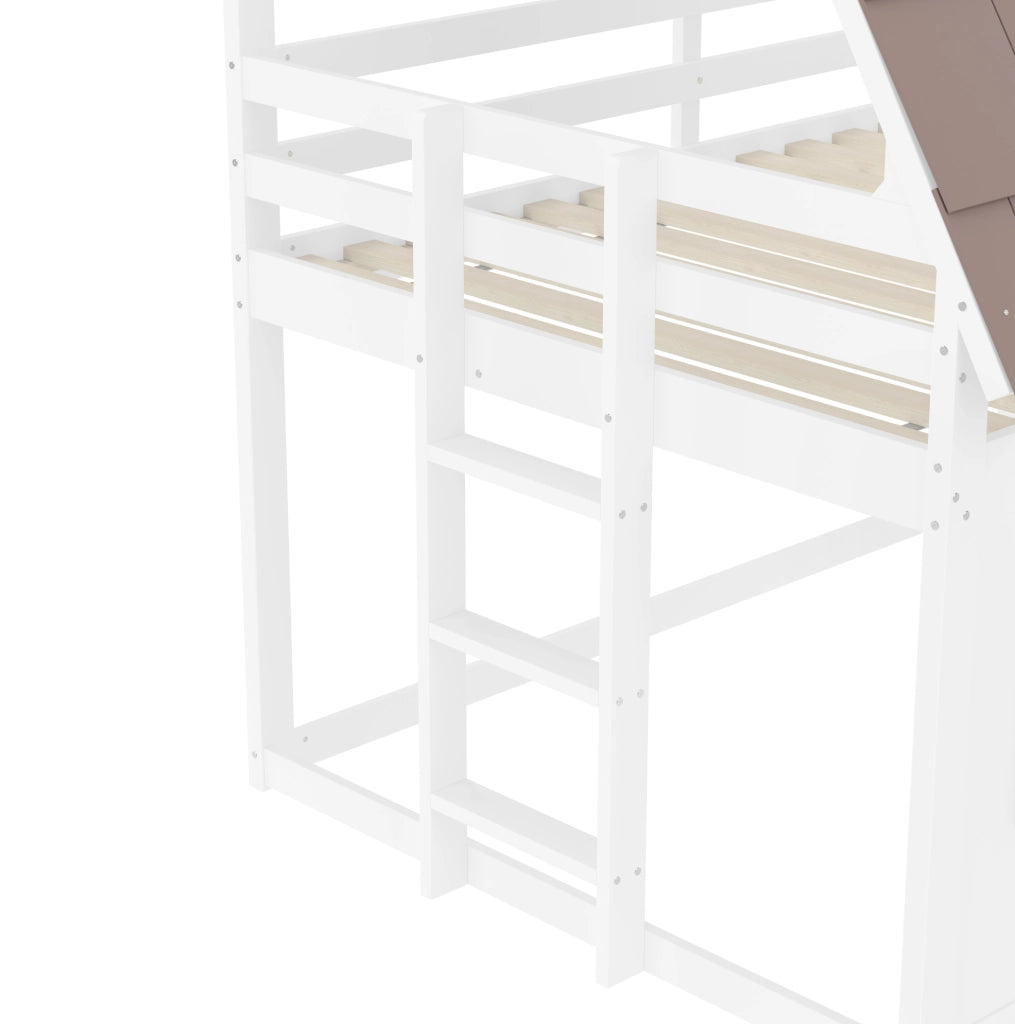 Letto a castello 140x200 cm a forma di casa con tetto; scala e scivolo in MDF; pino; compensato marrone e bianco