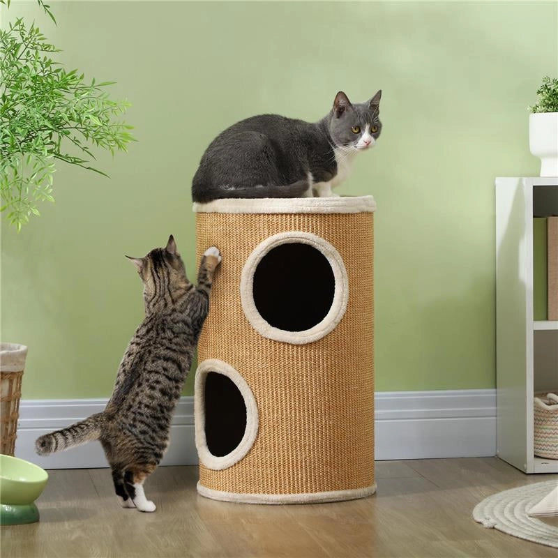 TORRE TIRAGRAFFI PER GATTI A 2 LIVELLI IN SISAL CON CASETTE IN PELUCHE PER 1-2 GATTI, MARRONE
