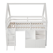Letto a Soppalco 140x200 cm con scale; LED; box e tasche in legno bianco per cameretta