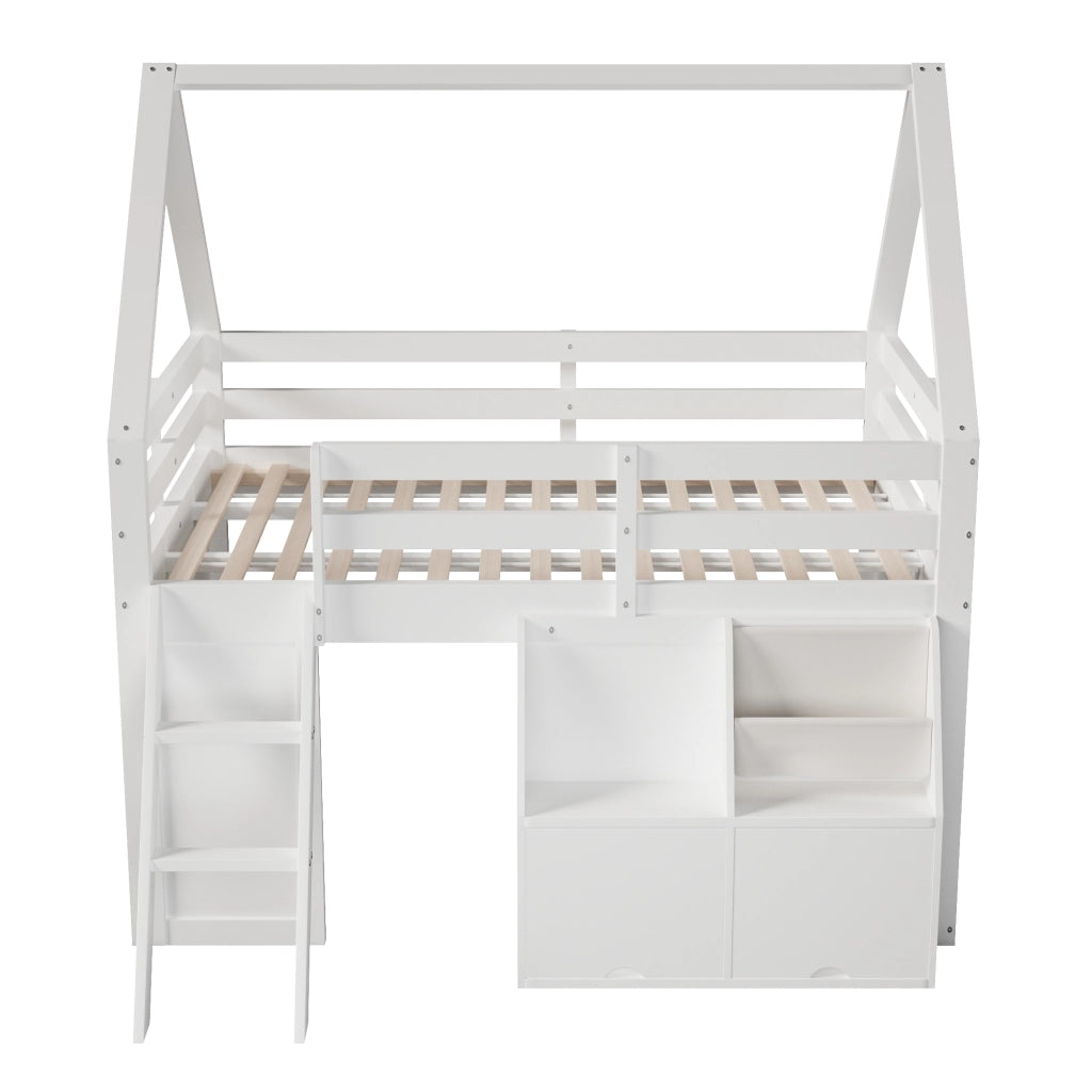 Letto a Soppalco 140x200 cm con scale; LED; box e tasche in legno bianco per cameretta
