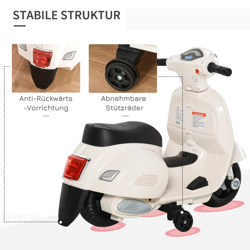 Moto elettrica VESPA per bambini, 18-36 mesi, 3 km/h, luci e suoni a LED, plastica PP e metallo, bianca, 66,5x38x52 cm