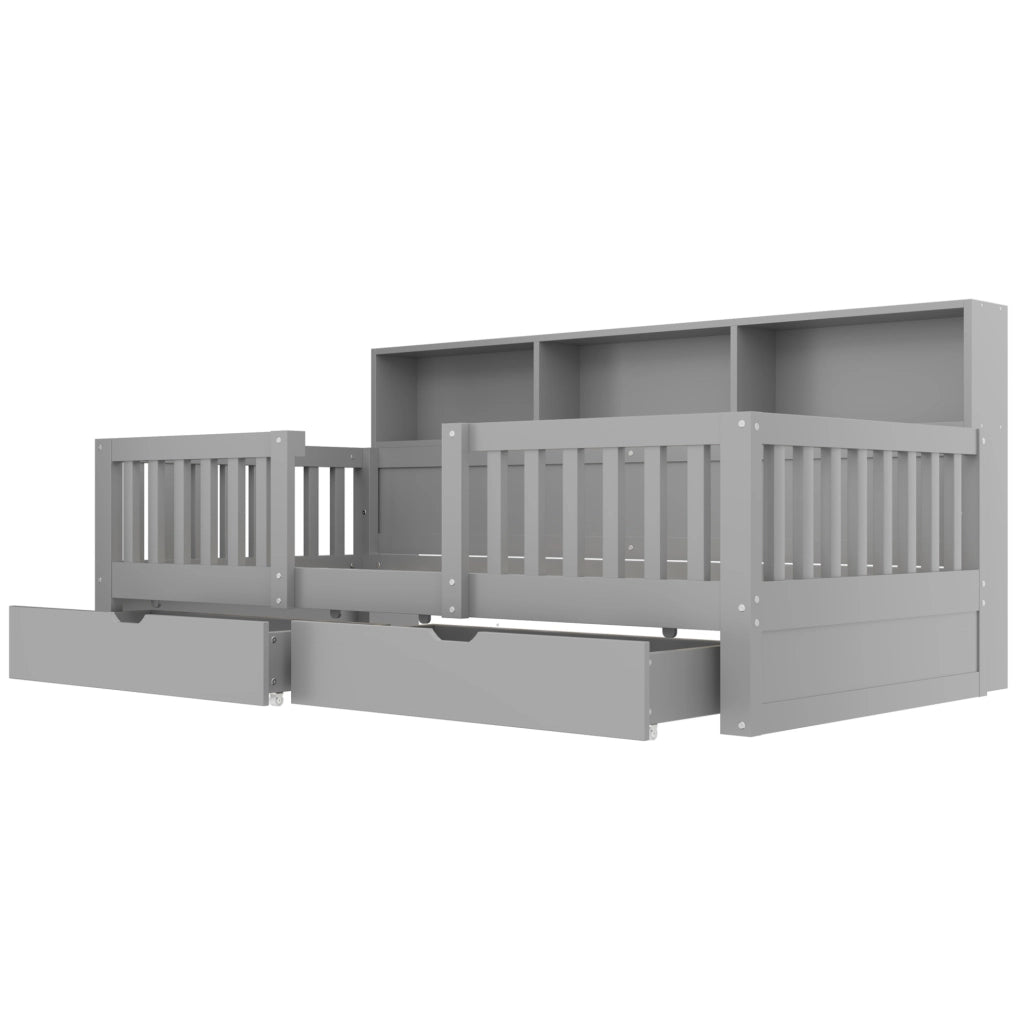 Letto per bambini 90x200 cm con sponda di sicurezza; cassetti; ripiani e LED; grigio