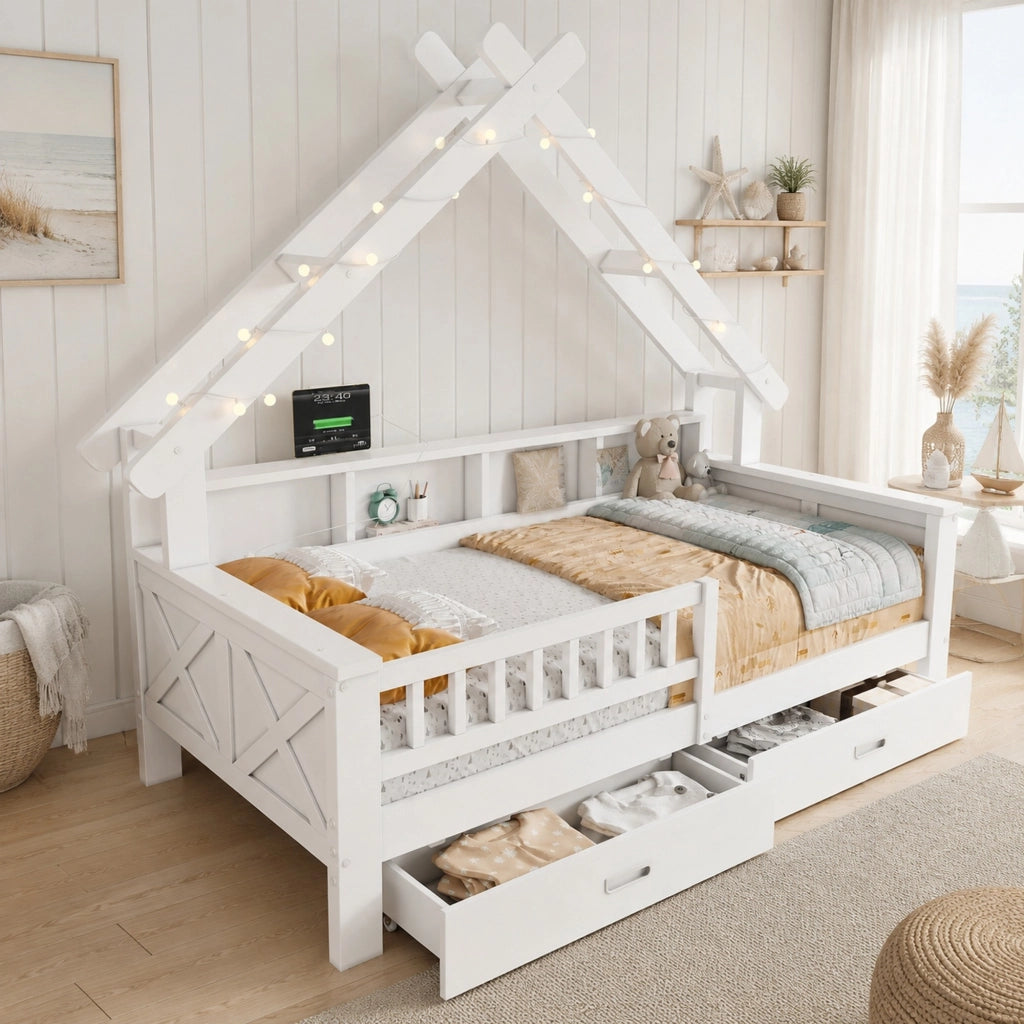 Letto a casetta 90x200 cm con LED; ripiani; 2 cassetti e protezione; bianco
