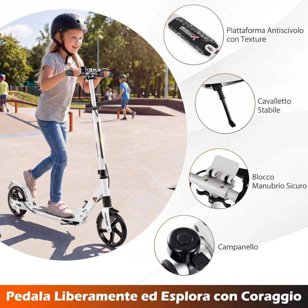 Monopattino Bambini e Adulti, Monopattino a Spinta Pieghevole e Regolabile in 3 Altezze, Monopattino Portatile con 2 Ruote, Cavalletto, Freno e Pedale Antiscivolo, Portata 100 kg