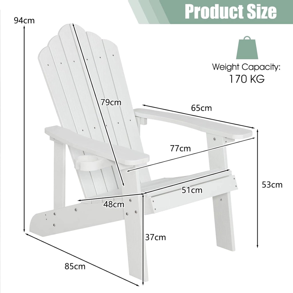 Adirondack - Sedia da giardino con supporto per tazze, per giardino, prato, patio, 77 x 86 x 94 cm, colore: bianco