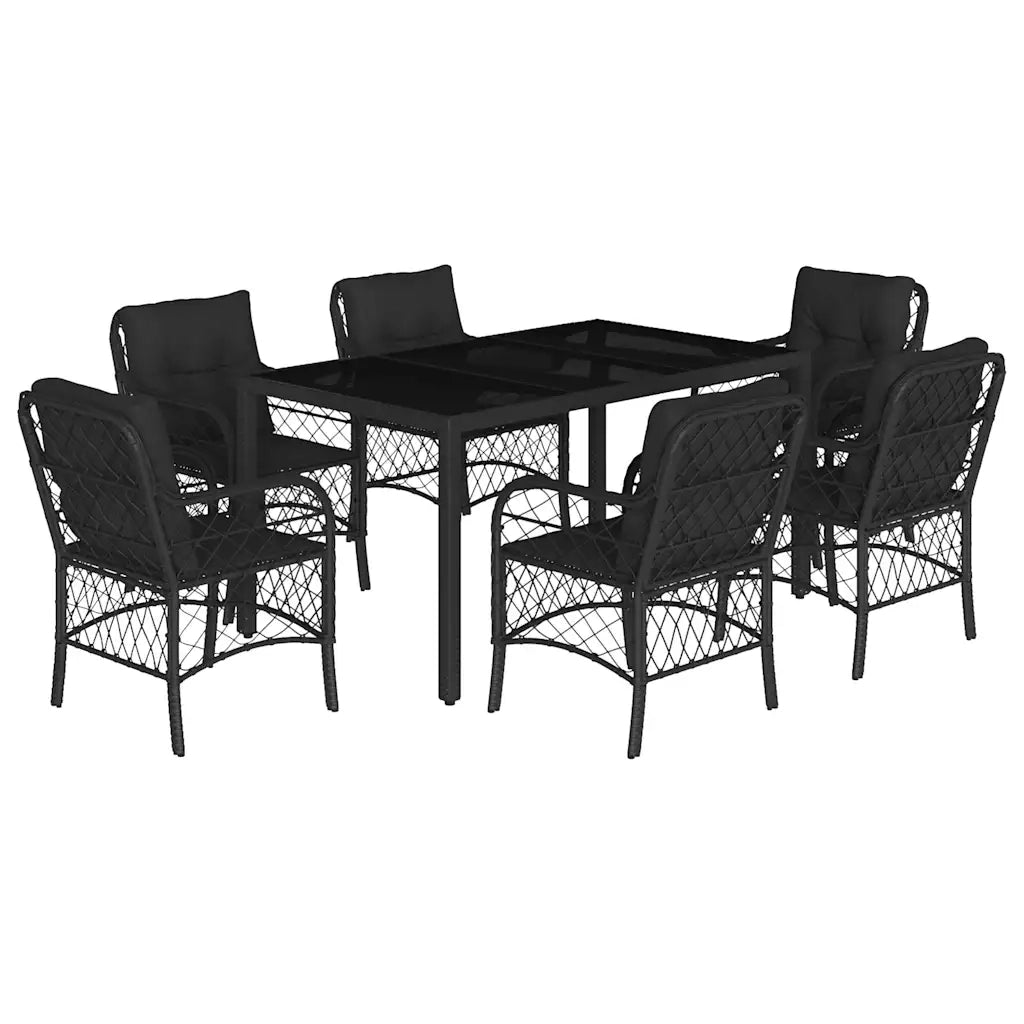 Set da Pranzo da Giardino 7 pz Nero con Cuscini in Polyrattan