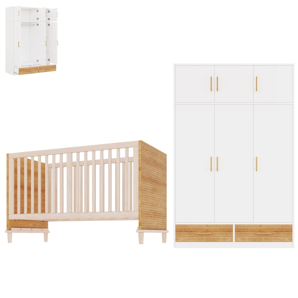 Set cameretta bebè con armadio 3 ante e lettino a sbarre, naturale, 120x50x180 cm + 70x140x87 cm