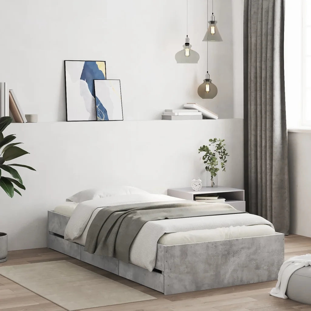 Letto singolo | Letto per adulti | Giroletto Cassetti Grigio Cemento 90x190 cm Legno Multistrato