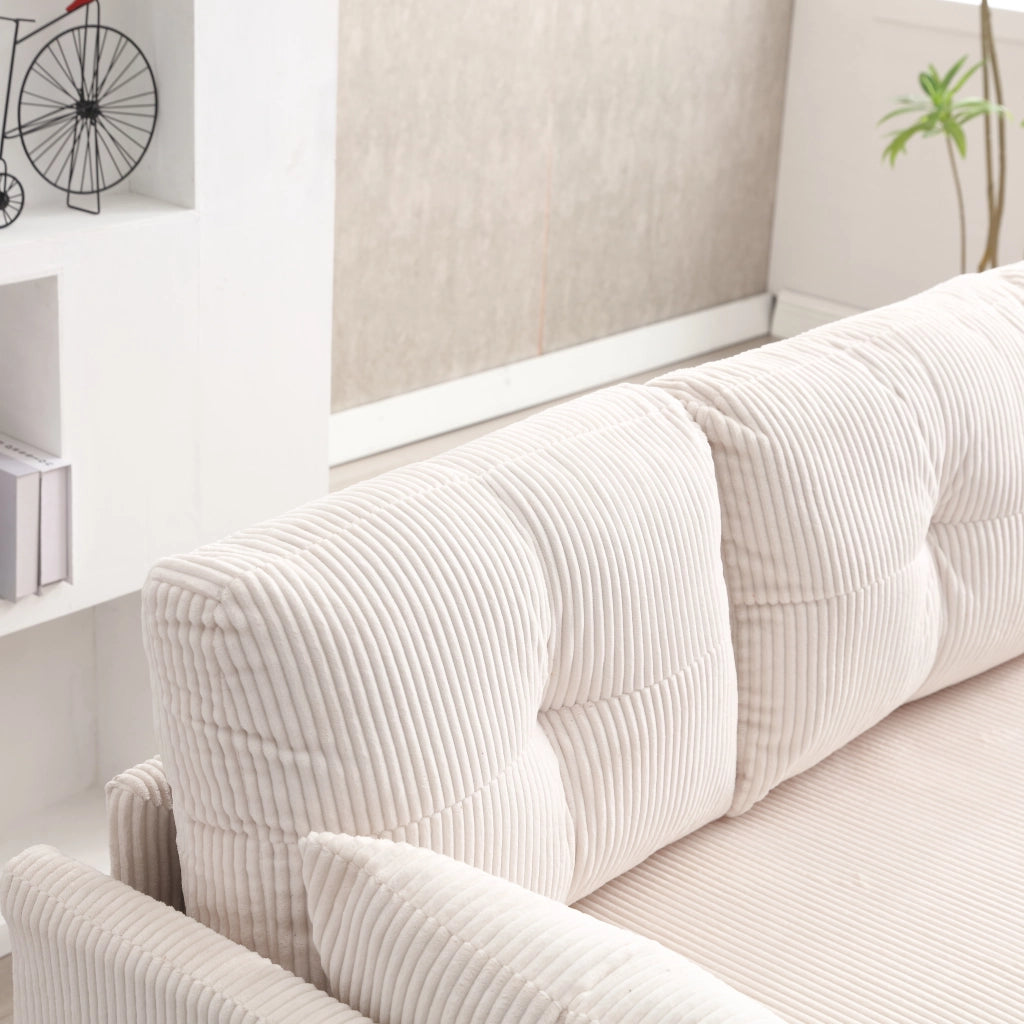 Divano letto angolare convertibile con contenitore, penisola reversibile e cuscini in corduroy beige 206 × 108 × 66-88 cm
