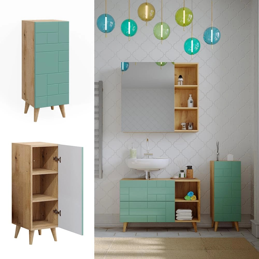 Mobiletto bagno Rudi, Verde menta, 30.3 x 80.3 cm con porta, con meccanismo push-to-open e struttura combinabile