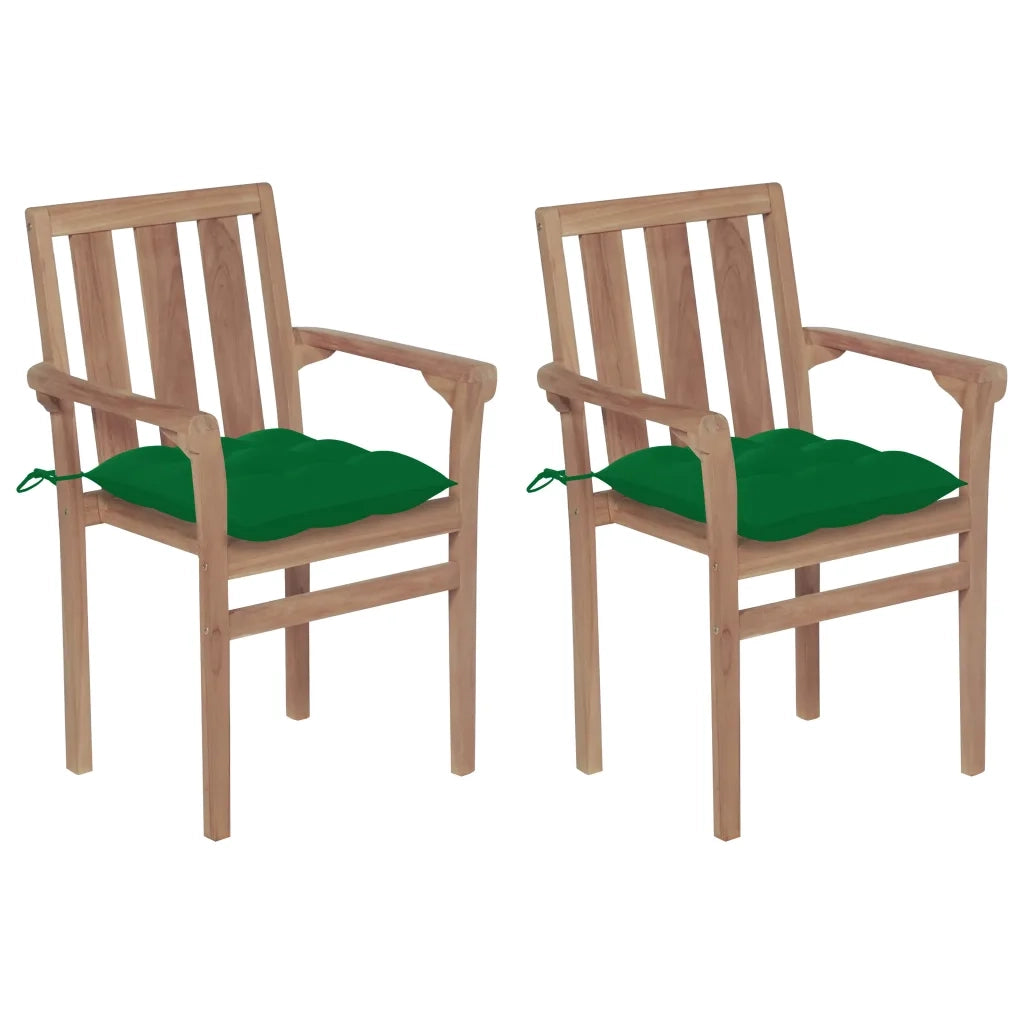 Sedie da Giardino 2 pz con Cuscini Verdi in Massello di Teak