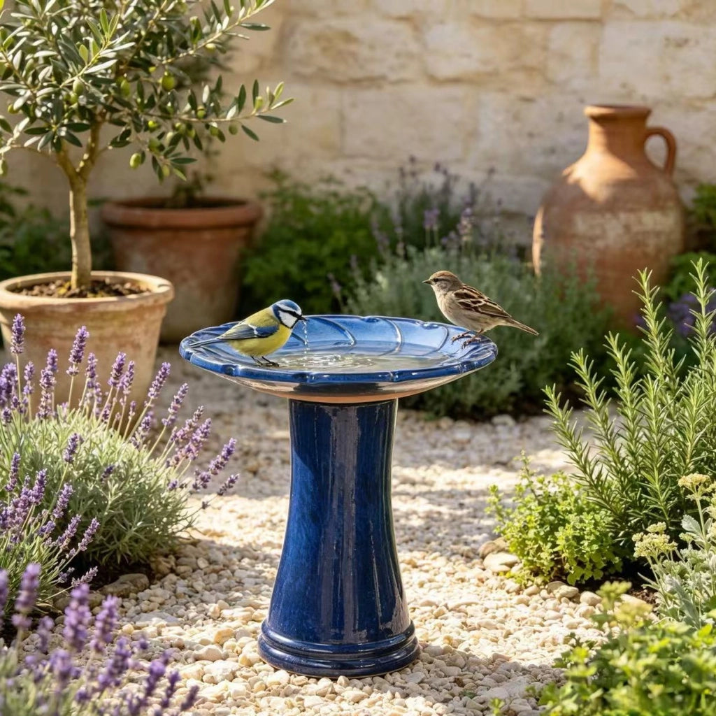 Fontana da giardino in ceramica smaltata blu fatta a mano con vasca Ø 43 cm e base alta 45 cm per esterni