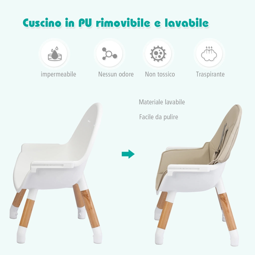 Seggiolone 4 in 1 con cintura di sicurezza a 5 punti, Vassoio smontabile e regolabile in 4 posizioni e cuscino in PU Beige-Seggioloni