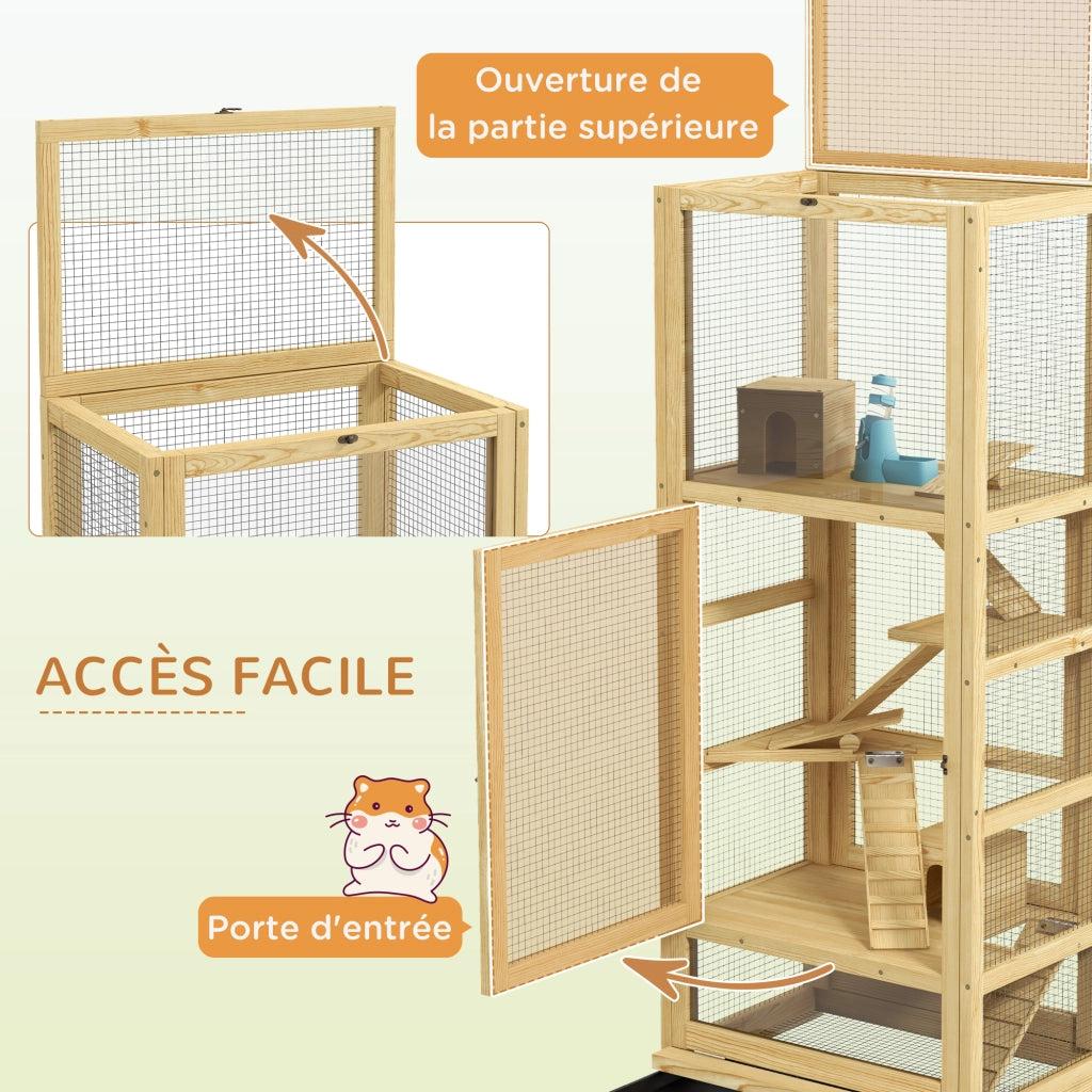 Gabbia per criceti e piccoli animali in legno a 5 livelli con scala casetta e altalena ¨C zephmum ¨C 54x38x131 cm naturale