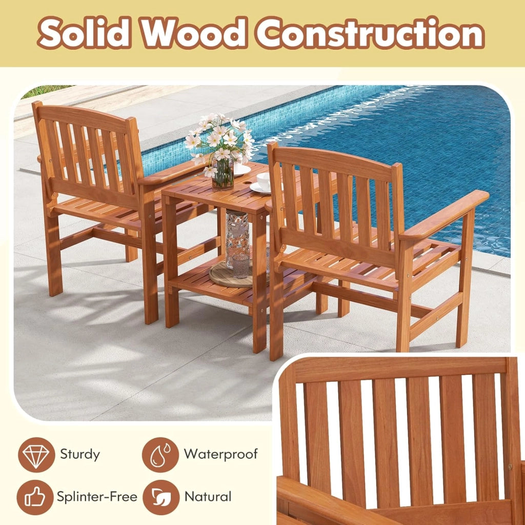 Set di mobili da 3 pezzi, in legno, set di 2 sedie e tavolo con foro per ombrelloni, set di conversazione con schienale e braccioli per patio, terreza, balcone