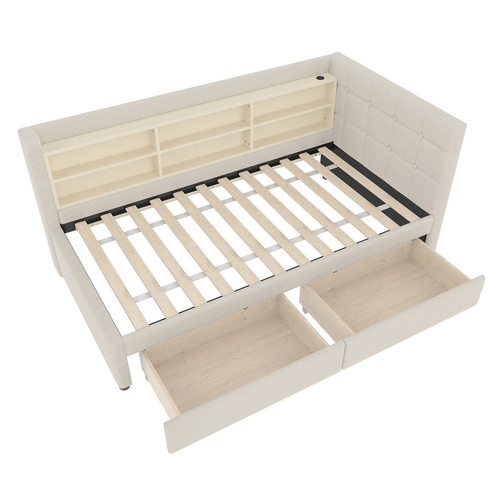 Letto Diurno con Cassetti e Rete a Doghe ¨C MINIMAL ¨C Lino Beige 90x200