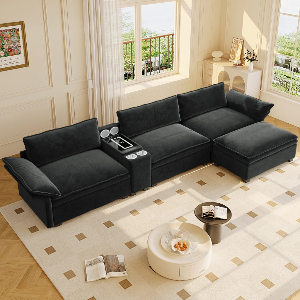Divano modulare 4 posti con ricarica wireless, luce, altoparlanti e contenitore, Chenille Nero