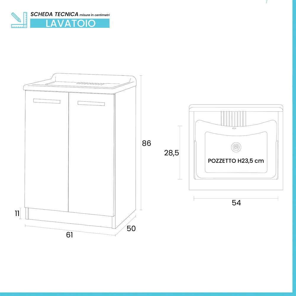 Mobile lavatoio 60x50cm salvaspazio in legno bianco 2 anta linea Pilar