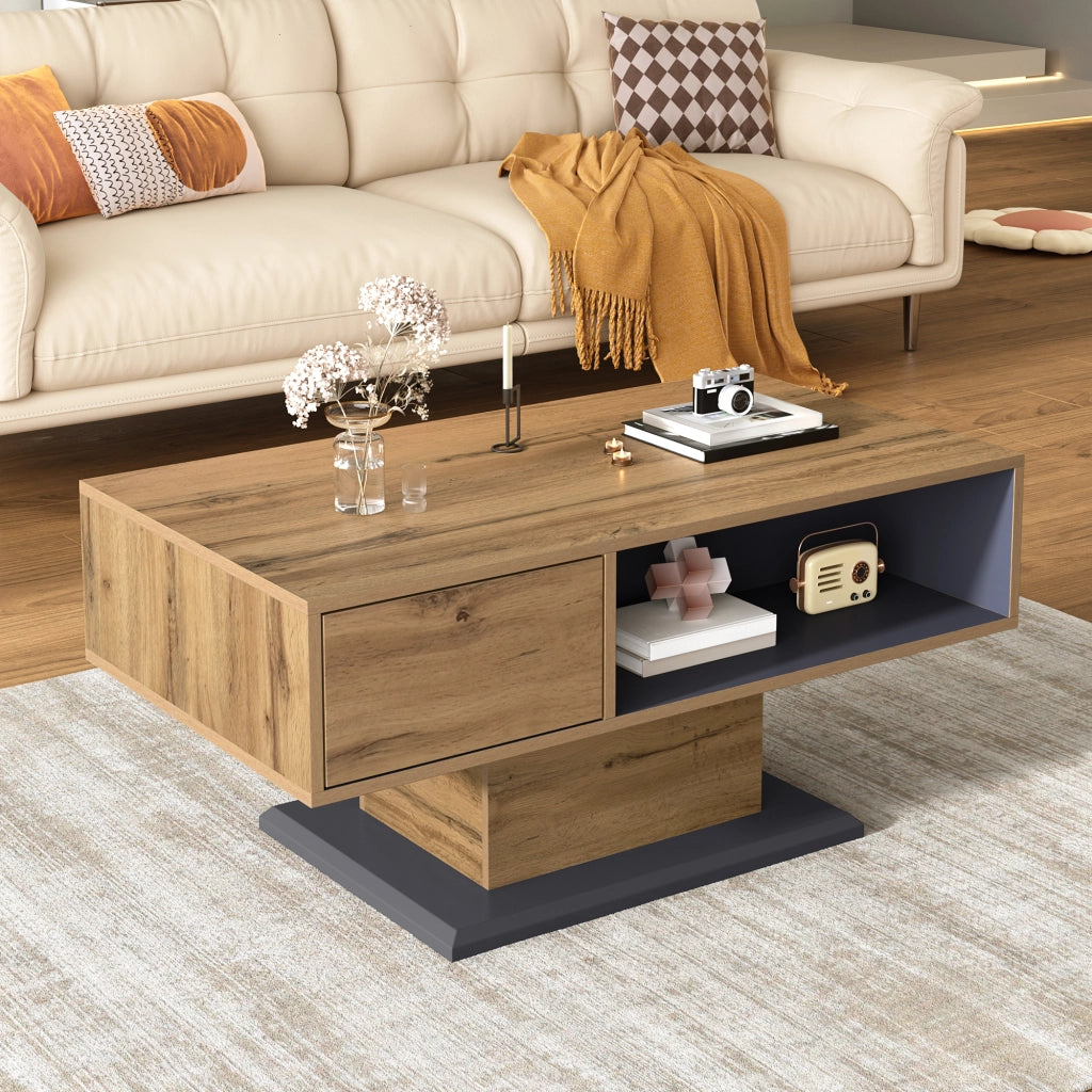 Tavolino da Salotto con Contenitore Bifacciale e Vano Interno; Design Moderno; in Truciolato; Grigio Rovere