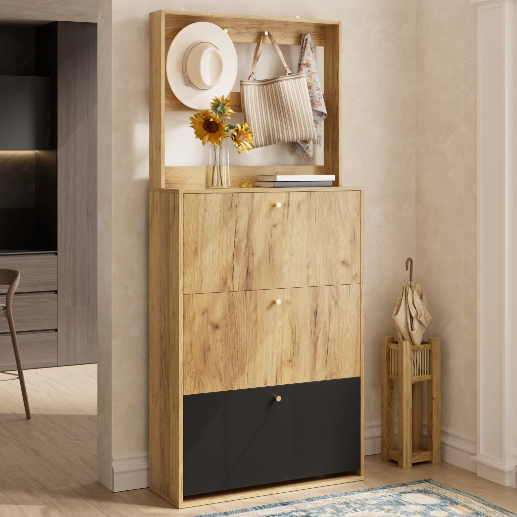 Mobile per scarpe con 3 scomparti ribaltabili; ganci e ripiano regolabile; per ingresso; 75 × 24 × 180 cm