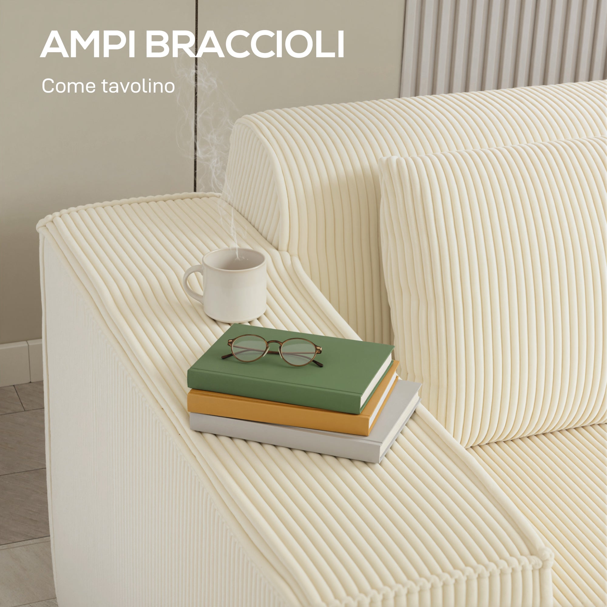 Divano 3 Posti Modulare con Seduta Profonda Braccioli Larghi e 2 Cuscini in Velluto a Coste Beige