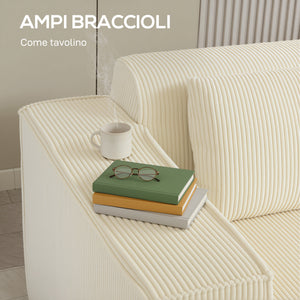 Divano 3 Posti Modulare con Seduta Profonda Braccioli Larghi e 2 Cuscini in Velluto a Coste Beige