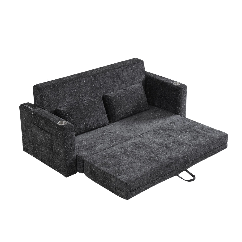 Divano letto 2 posti con USB e portabicchieri in chenille nero e grigio 80×50×50 cm