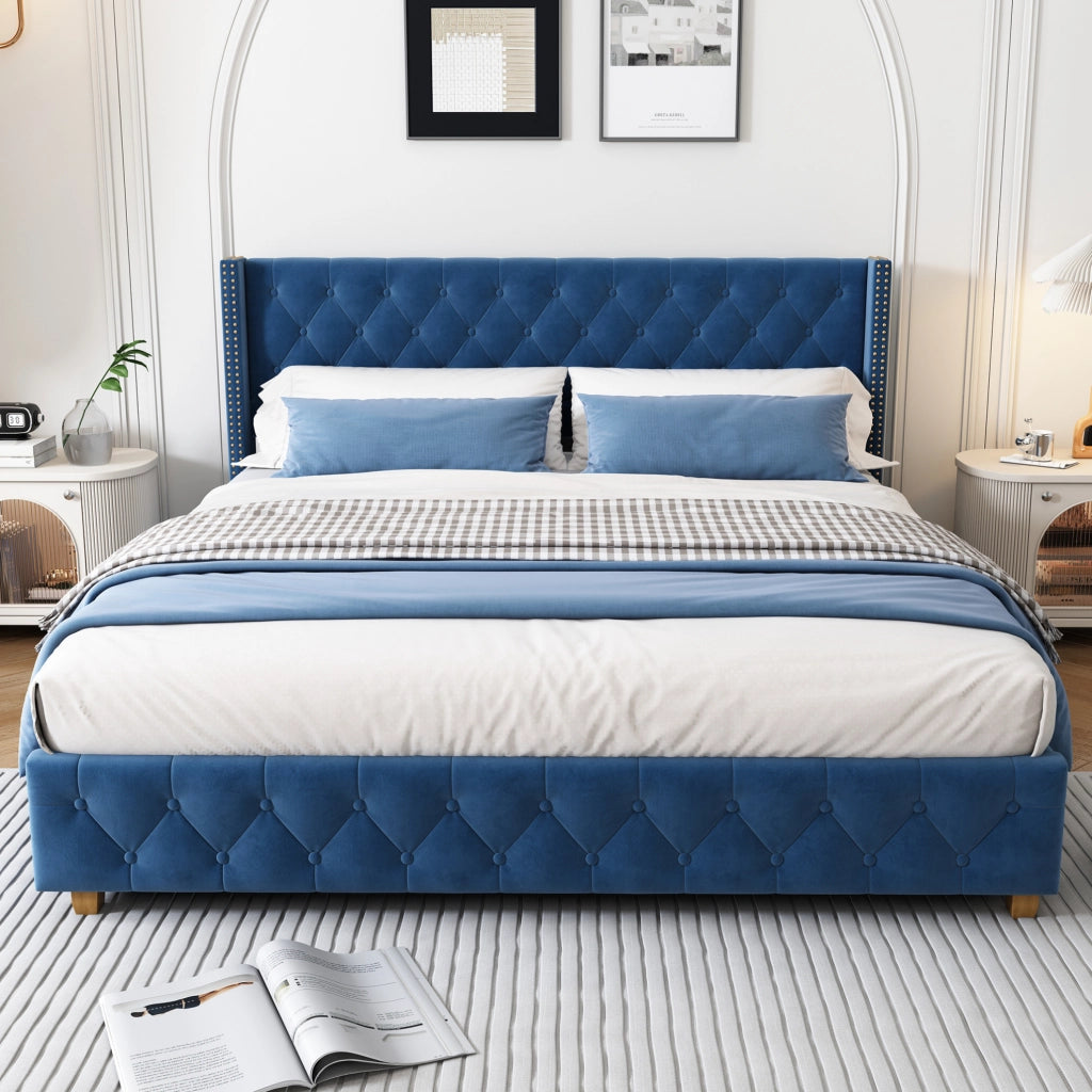 Letto imbottito in velluto blu 160 x 200 cm con rete e testiera decorata