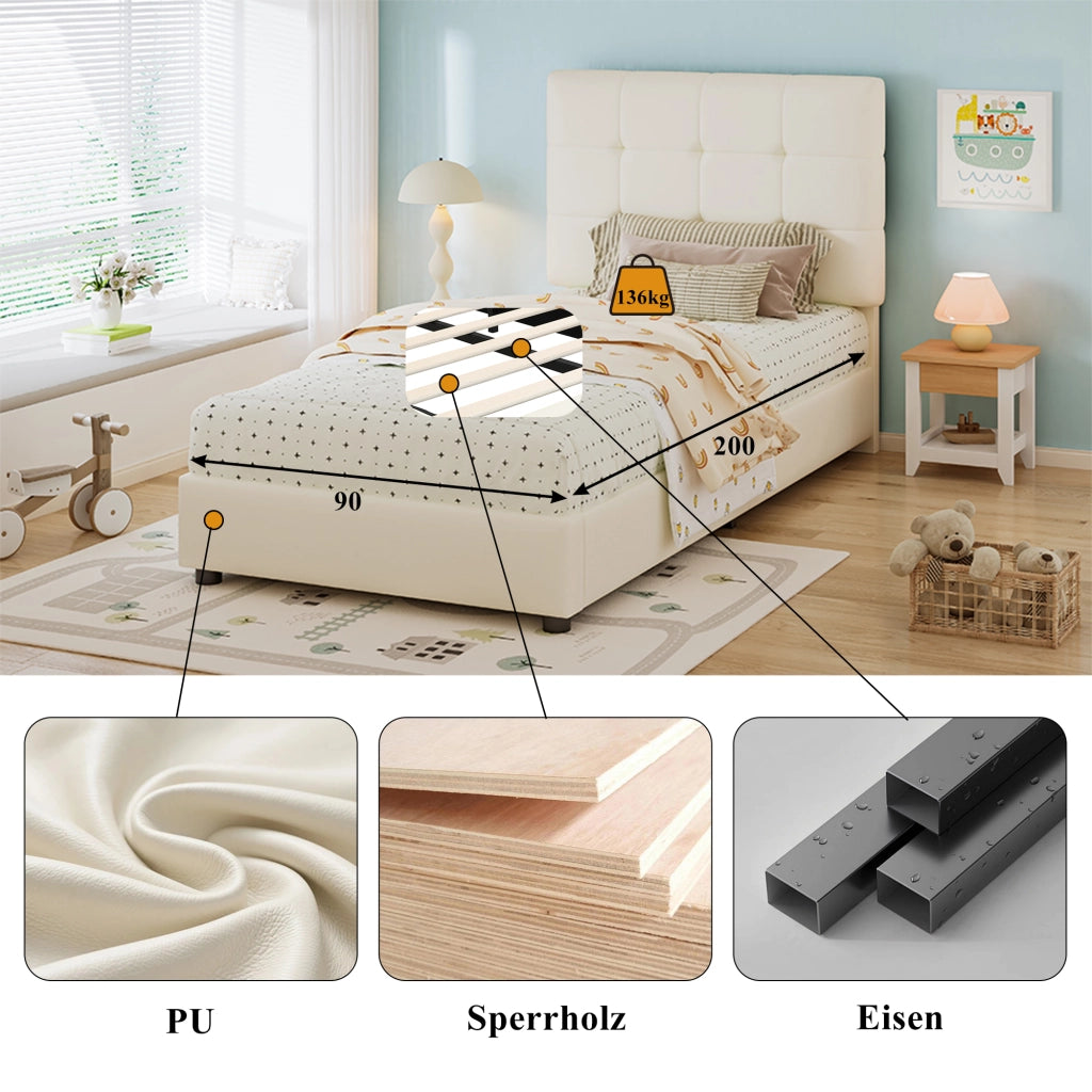 Letto per Bambini 90x200 cm; Letto Singolo - Testiera Imbottita e Bordi Antiurto - Beige