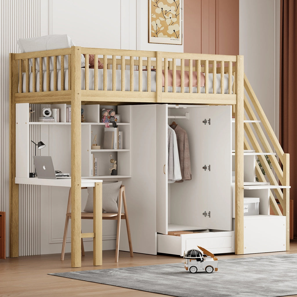 Letto a castello bianco e legno naturale con funzione contenitiva in legno massello 90x200 cm