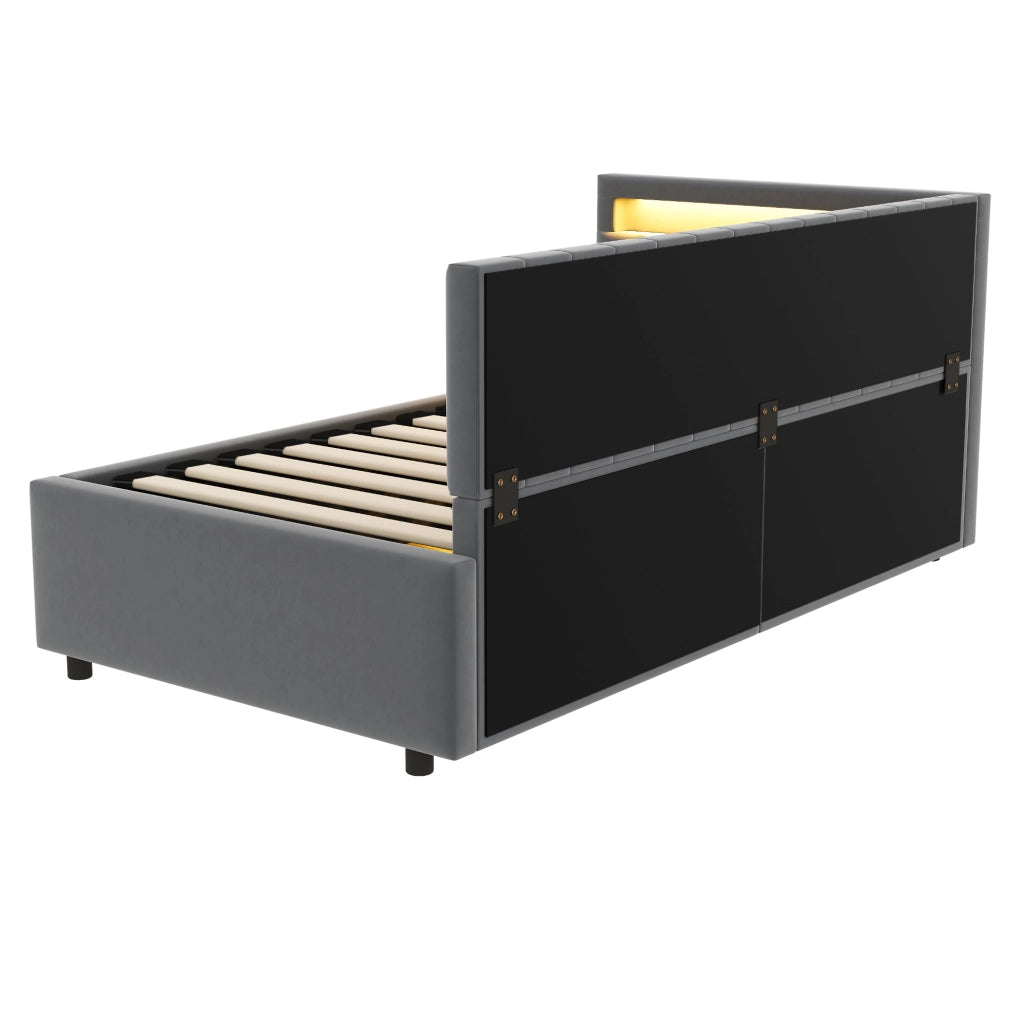 Divano letto 90x200 cm con LED e contenitore; velluto grigio (Senza materasso)
