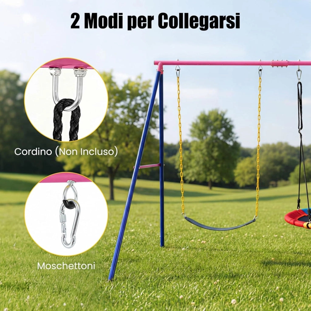 Set Altalena da Giardino per Bambini, Struttura di Metallo ad A con 1 Sedile in EVA Morbido e 1 Altalena Nido, Capacità 300 kg, Ideale per Giardino Parco Giochi (Rosso+Blu, Altalena+Supporto)