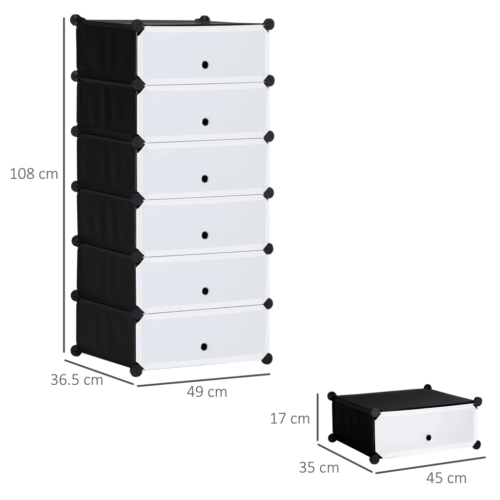 Scarpiera Modulare Salvaspazio con 6 Scatole in Plastica PP e Acciaio, 49x36.5x108 cm, Nero e Trasparente