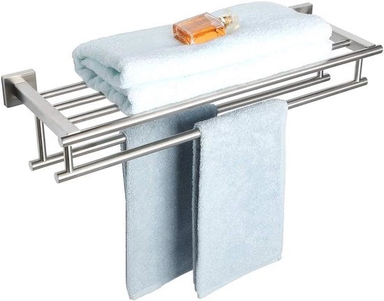 Maniglione per asciugamani da parete - Doppio piano per asciugamani - Organizzazione bagno - Acciaio inossidabile - 60CM - Laminato